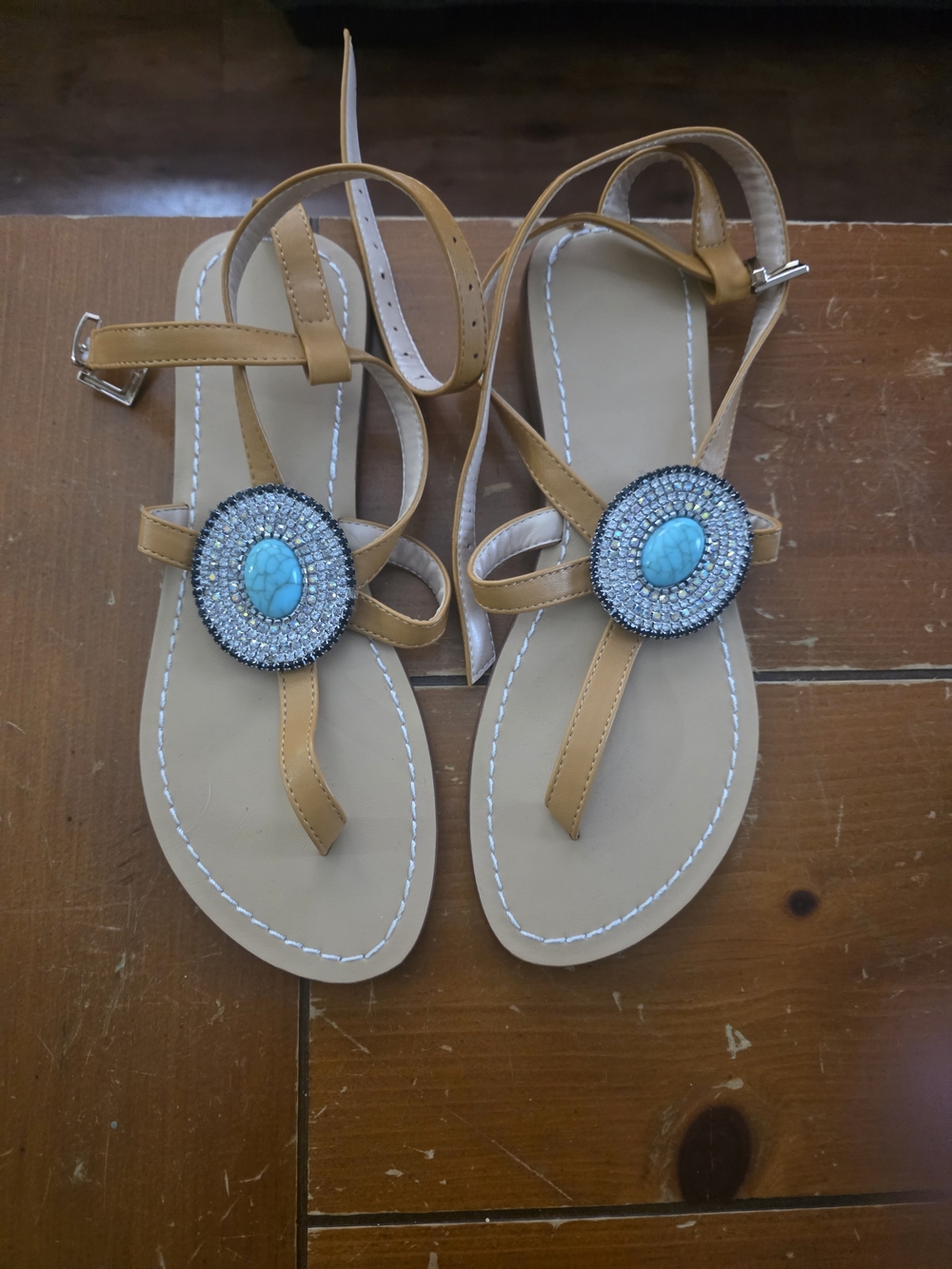 Tan T-Strap Sandals with Turquoise Stone Accent